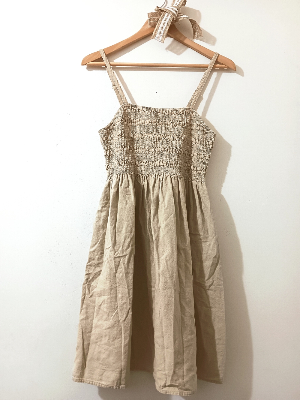 Universal Thread Linen Blend Natural Beige Boho Minimalist Smocked Dress Small